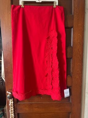 Topshop Red Midi Skirt with Floral Lace Trim